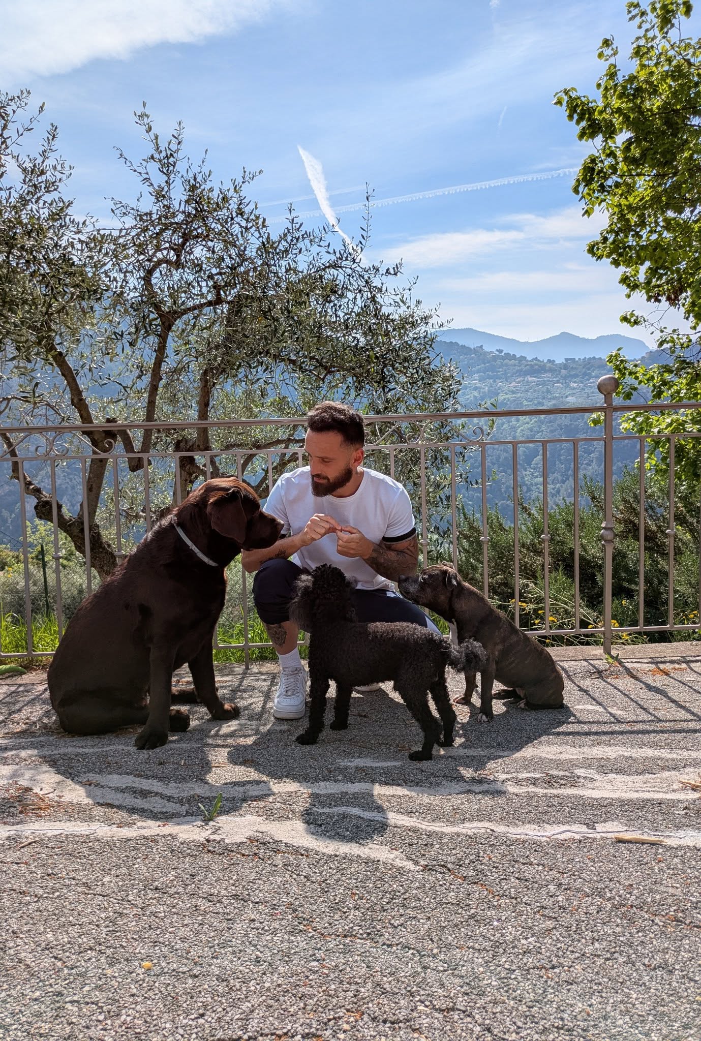 Anthony avec plusieurs chiens en balade
