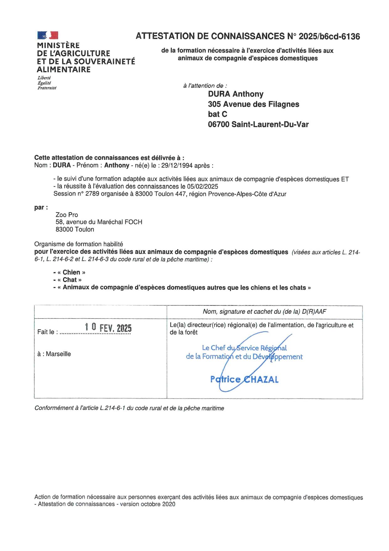 Diplôme ACACED d'Anthony