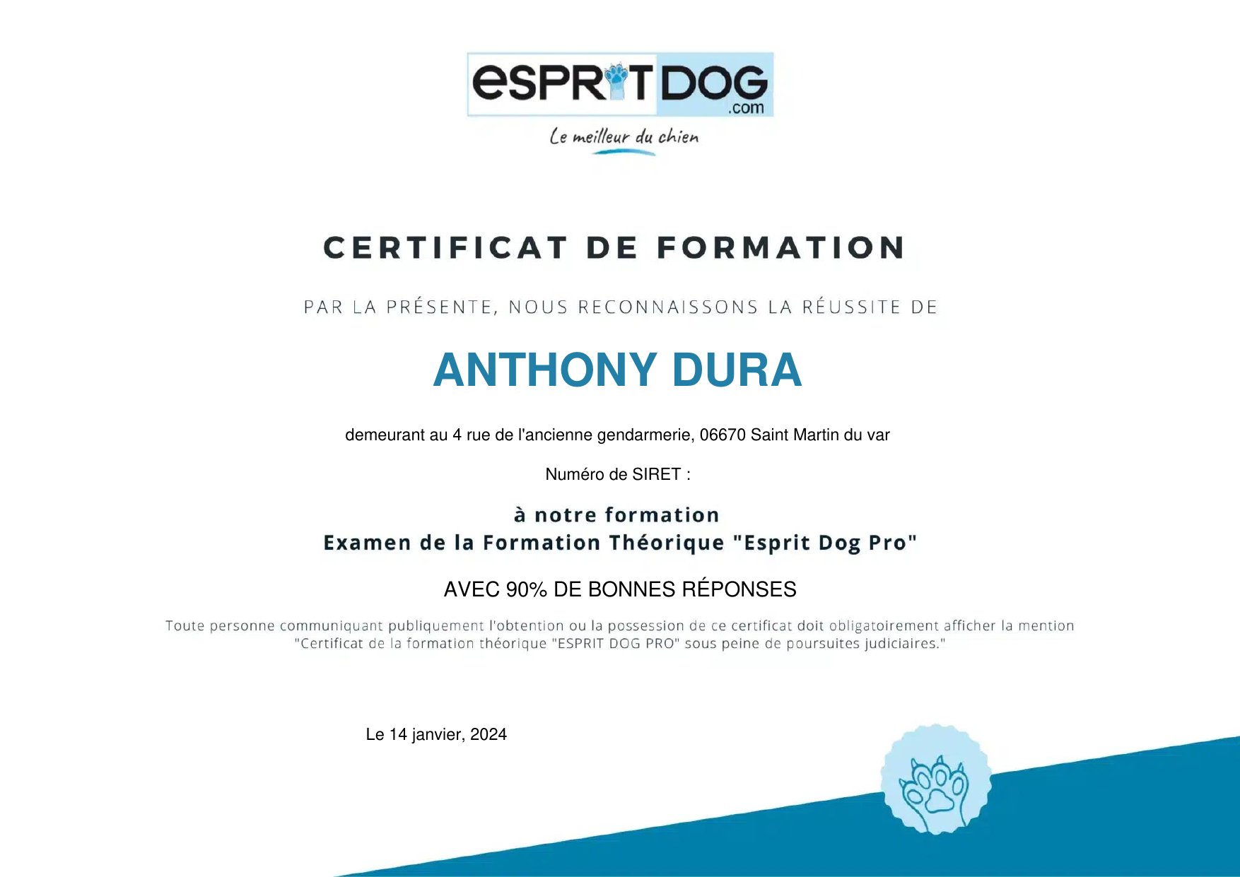 Diplôme Esprit Dog Pro d'Anthony